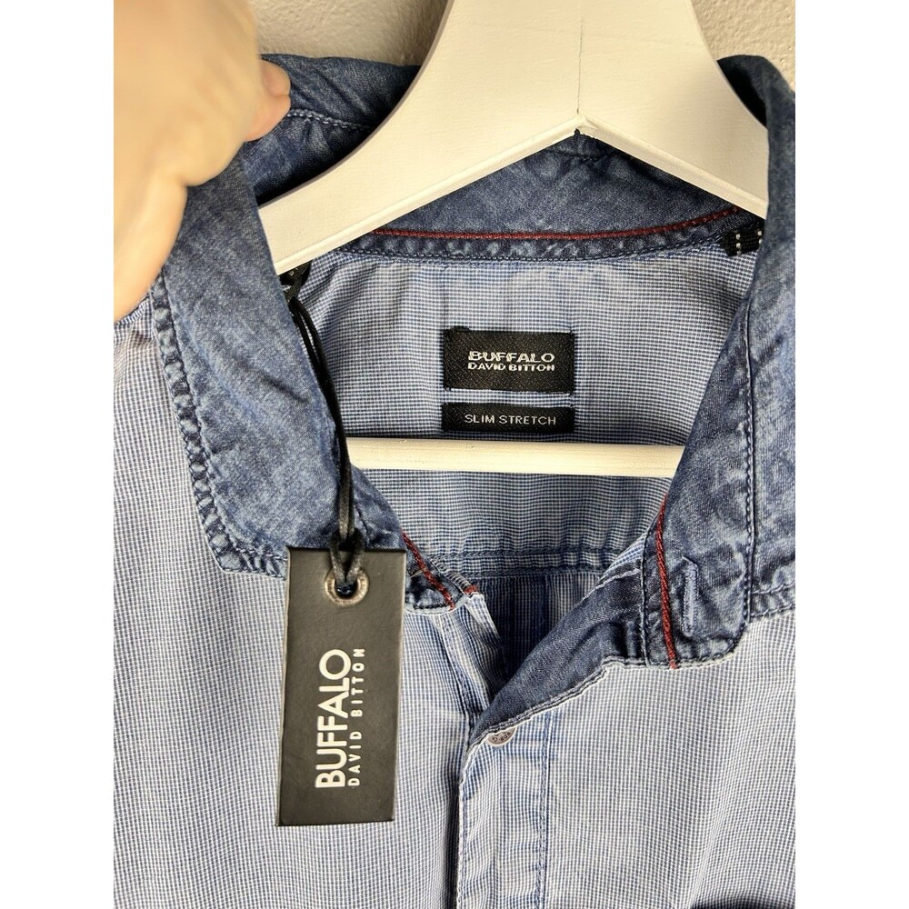 Buffalo David Bitton Mens L Blue Tiny Checks Denim Accents LS Slim Fit - Picture 4 of 9